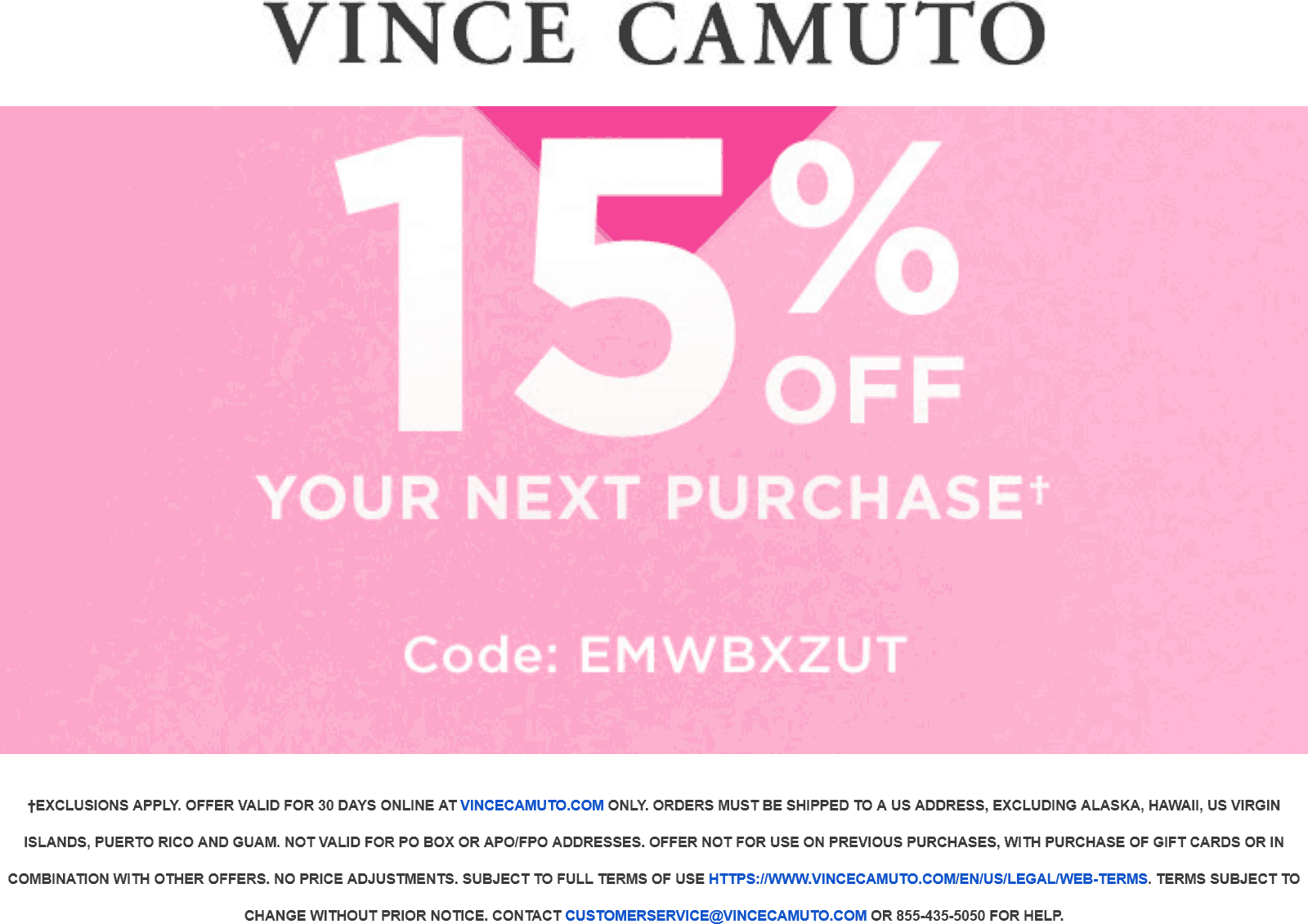 Vince Camuto stores Coupon  15% off online at Vince Camuto via promo code EMWBXZUT #vincecamuto 
