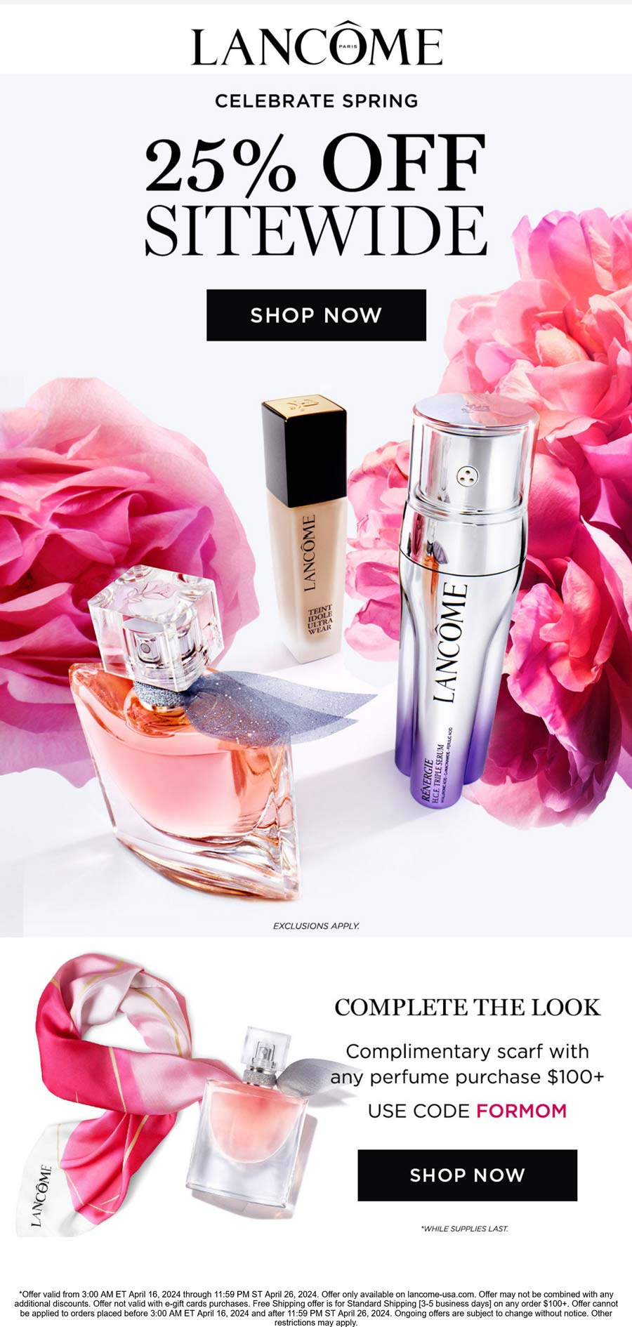 Lancome stores Coupon  25% off everything + free scarf on perfume purchase online at Lancome via promo code FORMOM #lancome 