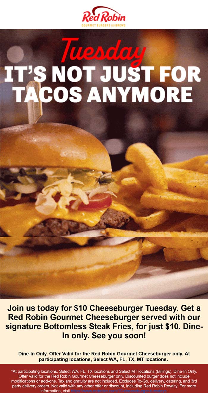 Red Robin restaurants Coupon  Cheeseburger + bottomless steak fries = $10 today at Red Robin #redrobin 