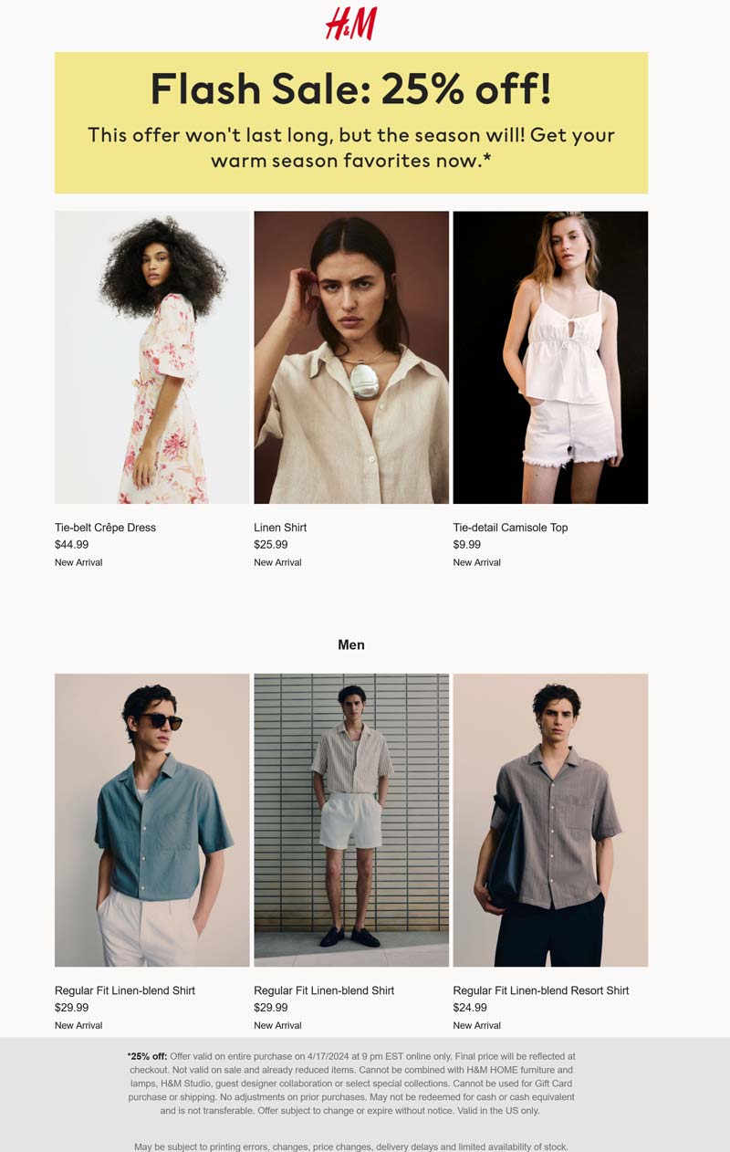 H&M stores Coupon  25% off today at 9pm EST online at H&M #hm 