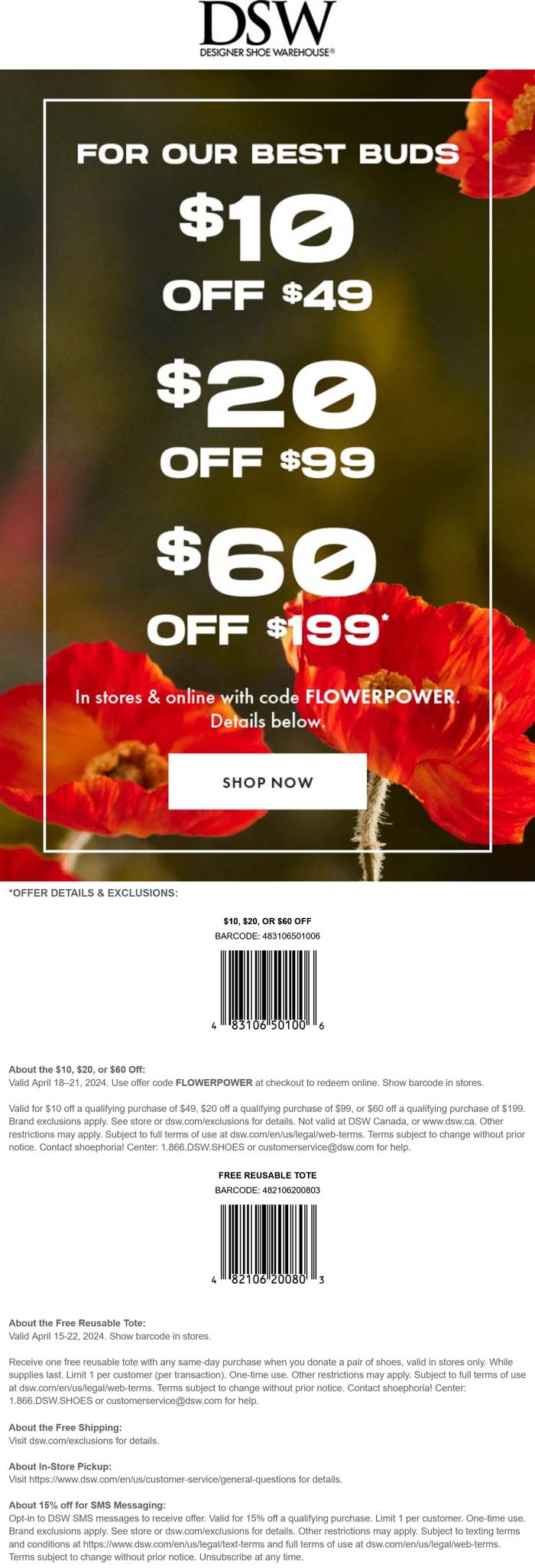 DSW stores Coupon  $10-$60 off $49+ at DSW shoes, or online via promo code FLOWERPOWER #dsw 