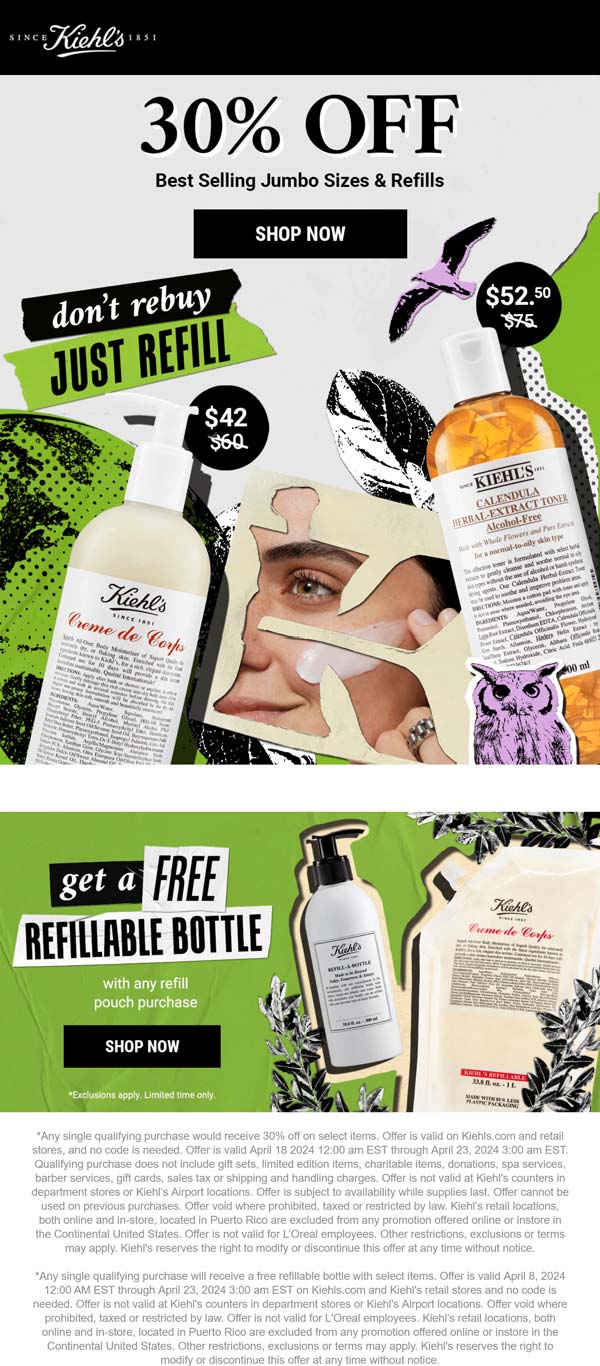 Kiehls stores Coupon  30% off & more at Kiehls, ditto onine #kiehls 