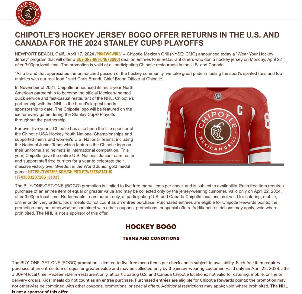 Chipotle restaurants Coupon  Wear a hockey jersey for second burrito free Monday at Chipotle restaurants #chipotle 