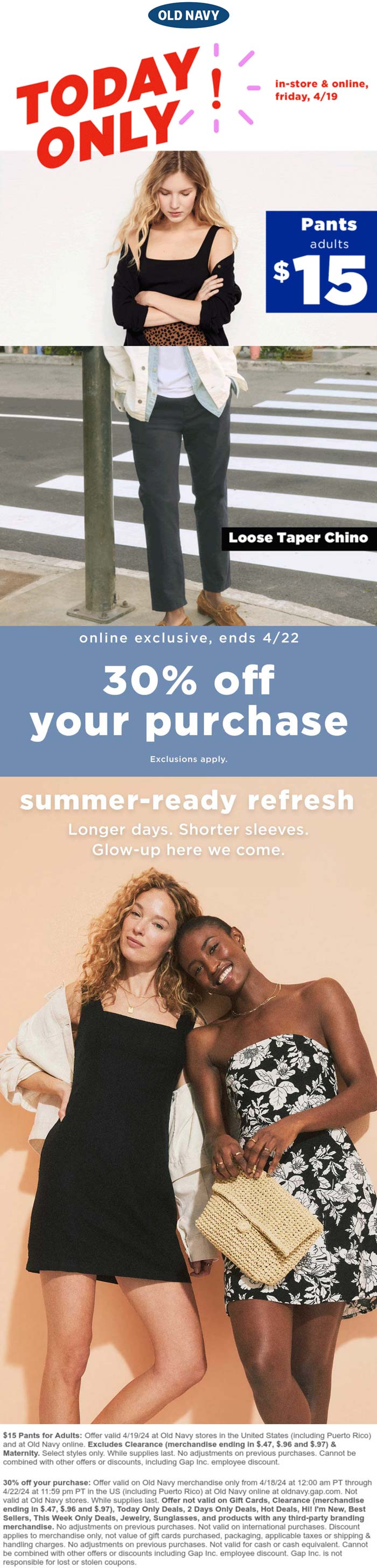 Old Navy stores Coupon  $15 pants today at Old Navy, ditto online + 30% off the tab #oldnavy 