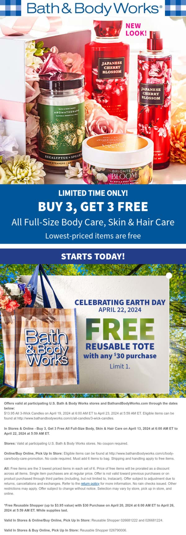 Bath & Body Works stores Coupon  6-for-3 on all body & hair care + free tote at Bath & Body Works, ditto online #bathbodyworks 