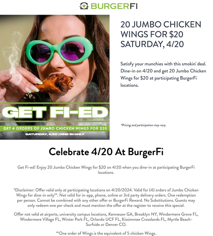 BurgerFi restaurants Coupon  4 orders of jumbo chicken wings for $20 today at BurgerFi #burgerfi 
