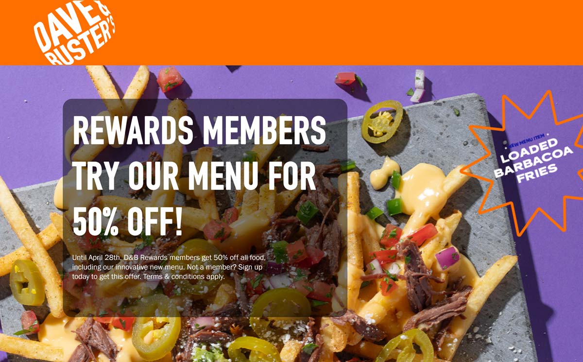 Dave & Busters restaurants Coupon  50% off all food via login at Dave & Busters #davebusters 