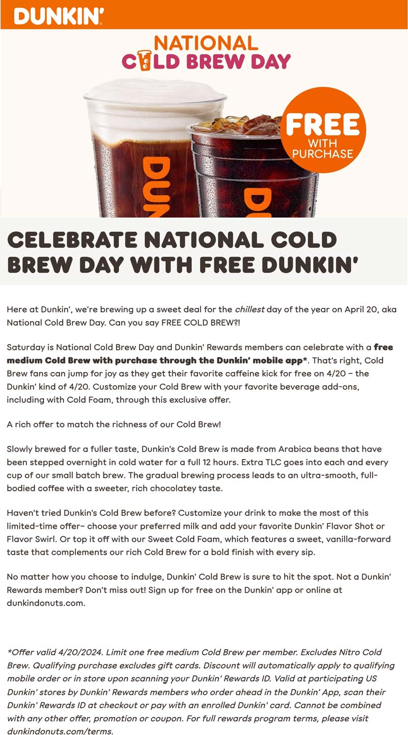 Dunkin restaurants Coupon  Free cold brew with your mobile order today at Dunkin donuts #dunkin 