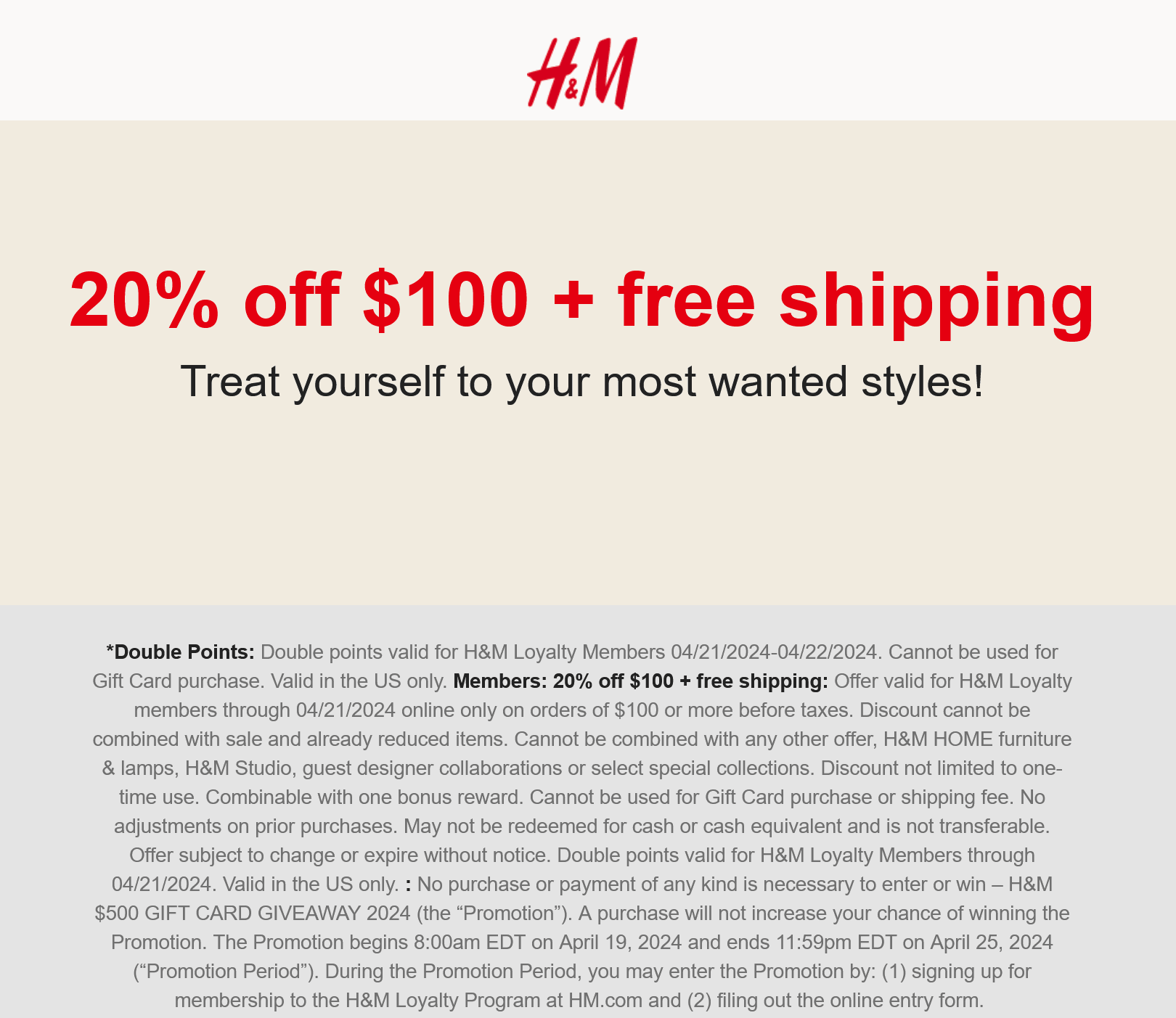 H&M stores Coupon  20% off $100 online at H&M #hm 