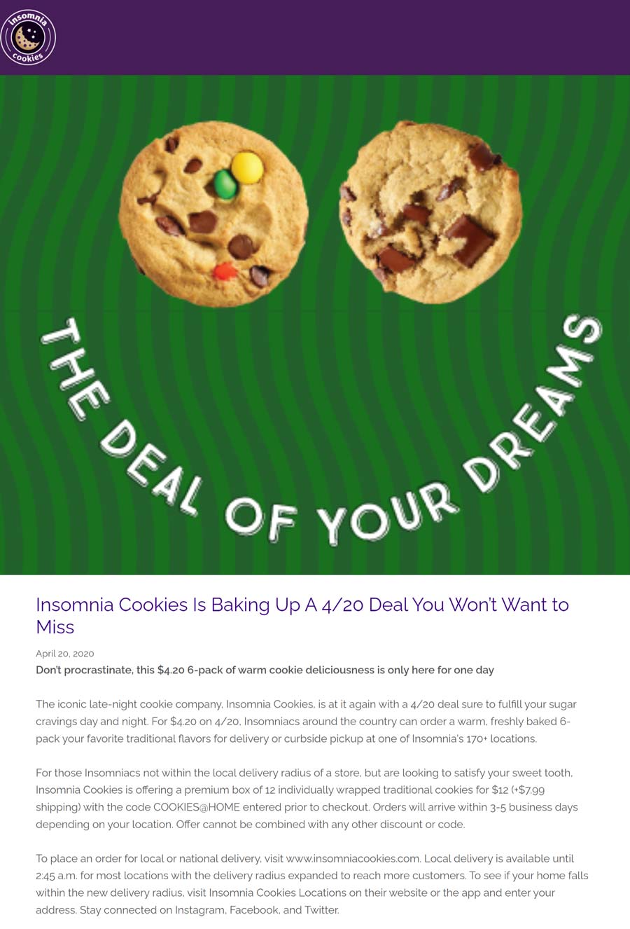 Insomnia Cookies stores Coupon  6 pack of cookies = $4.20 today at Insomnia Cookies #insomniacookies 