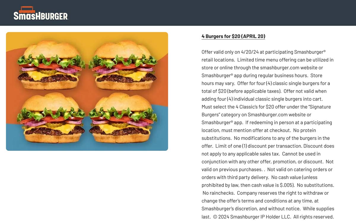 Smashburger restaurants Coupon  4 cheeseburgers = $20 today at Smashburger restaurants #smashburger 