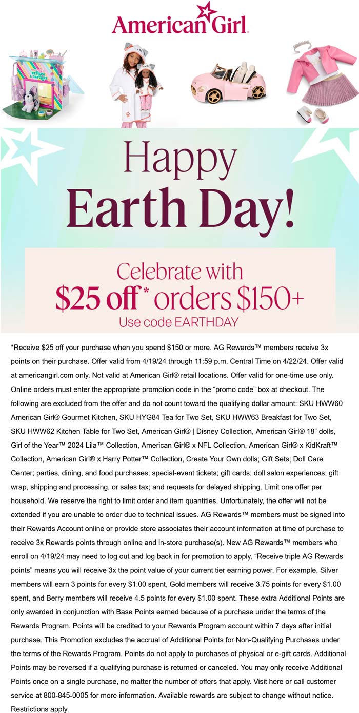 American Girl stores Coupon  $25 off $150 online at American Girl doll via promo code EARTHDAY #americangirl 