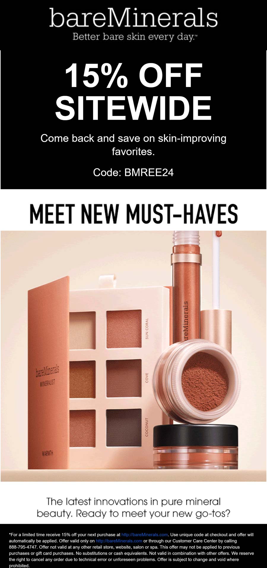 bareMinerals stores Coupon  15% off everything online at bareMinerals via promo code BMREE24 #bareminerals 