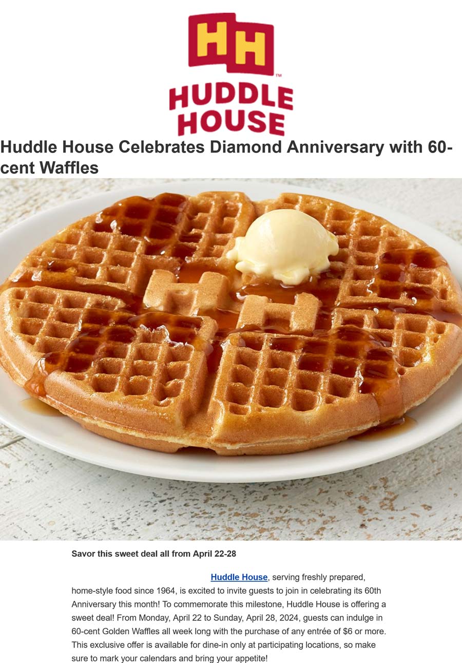 Huddle House restaurants Coupon  .60 cent waffles with your entree at Huddle House #huddlehouse 