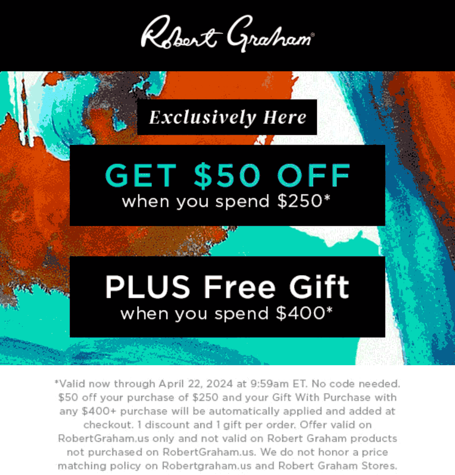 Robert Graham stores Coupon  $50 off $250 + free gift on $400 online today at Robert Graham #robertgraham 