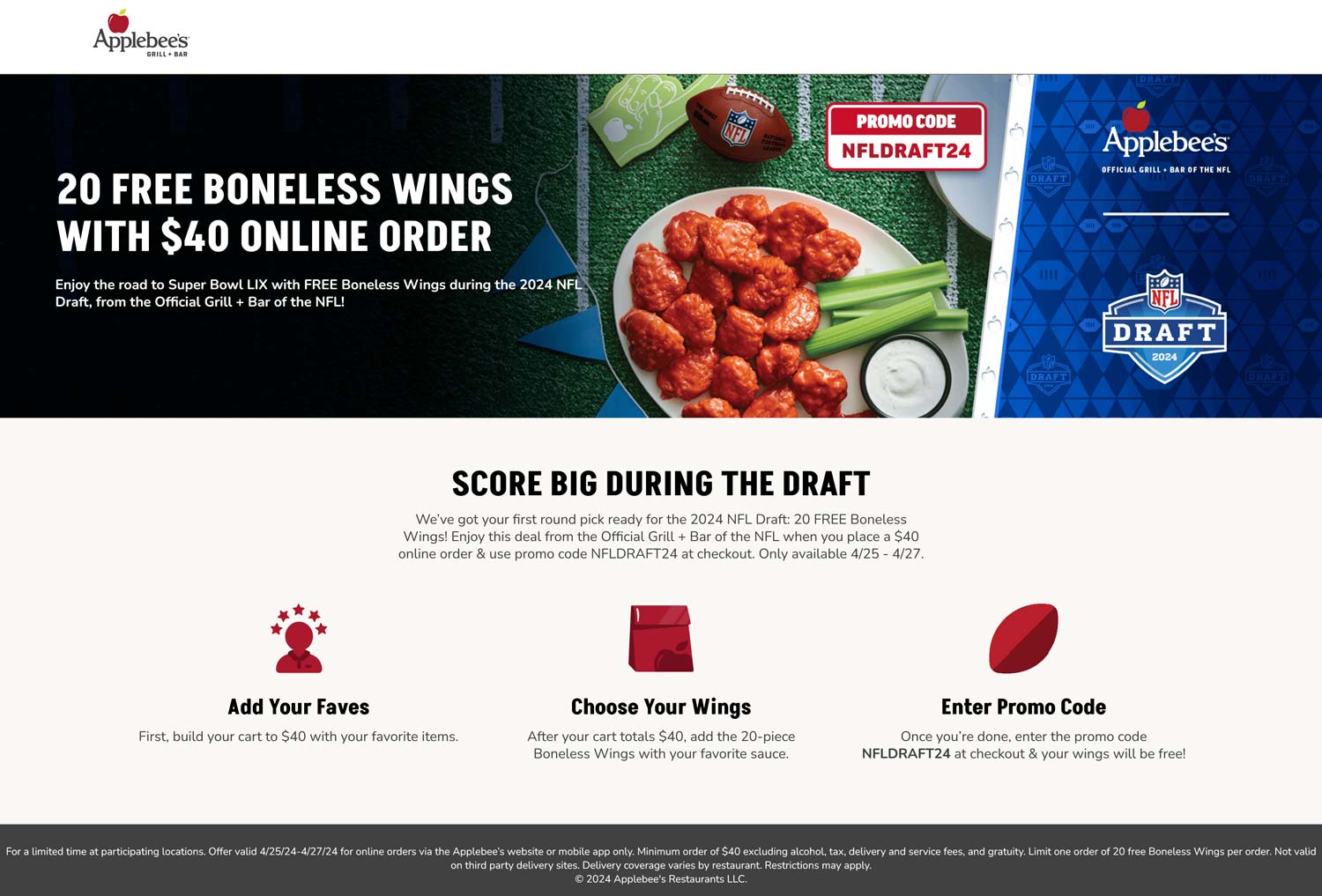 Applebees restaurants Coupon  20 free boneless wings on $40 online at Applebees restaurants via promo code NFLDRAFT24 #applebees 