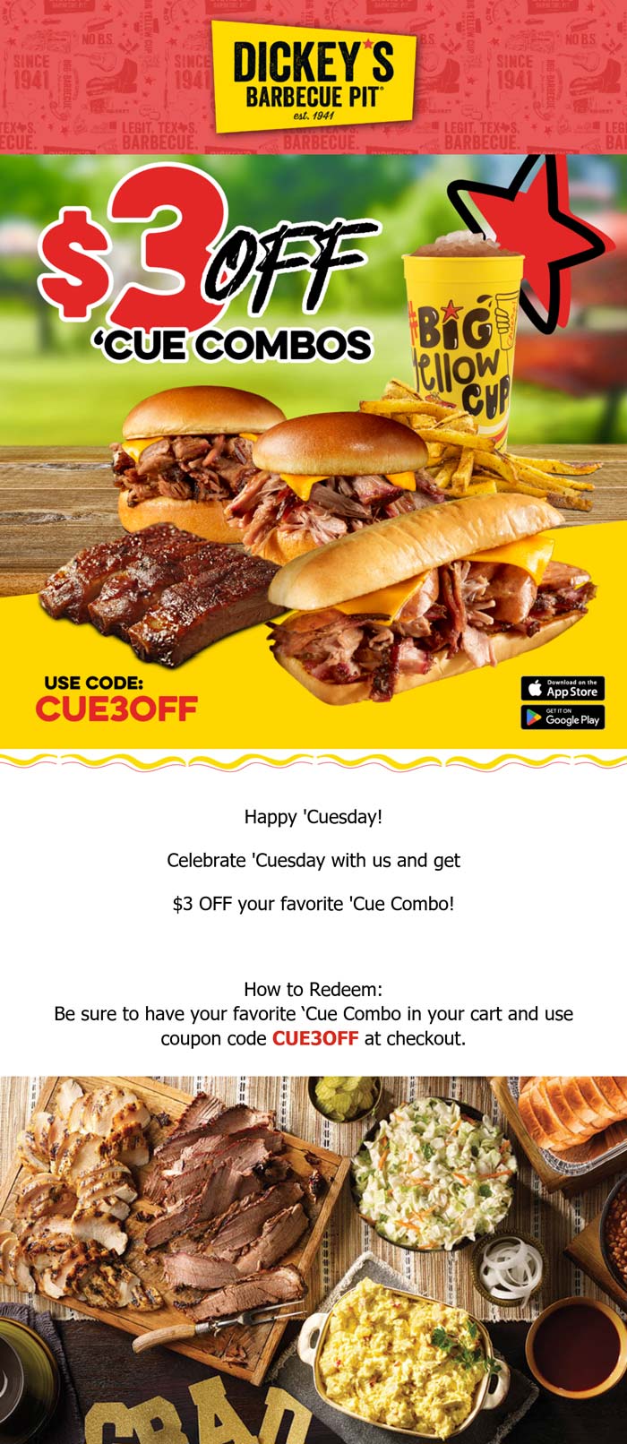Dickeys Barbecue Pit restaurants Coupon  $3 off combo meals today at Dickeys Barbecue Pit via promo code CUE3OFF #dickeysbarbecuepit 