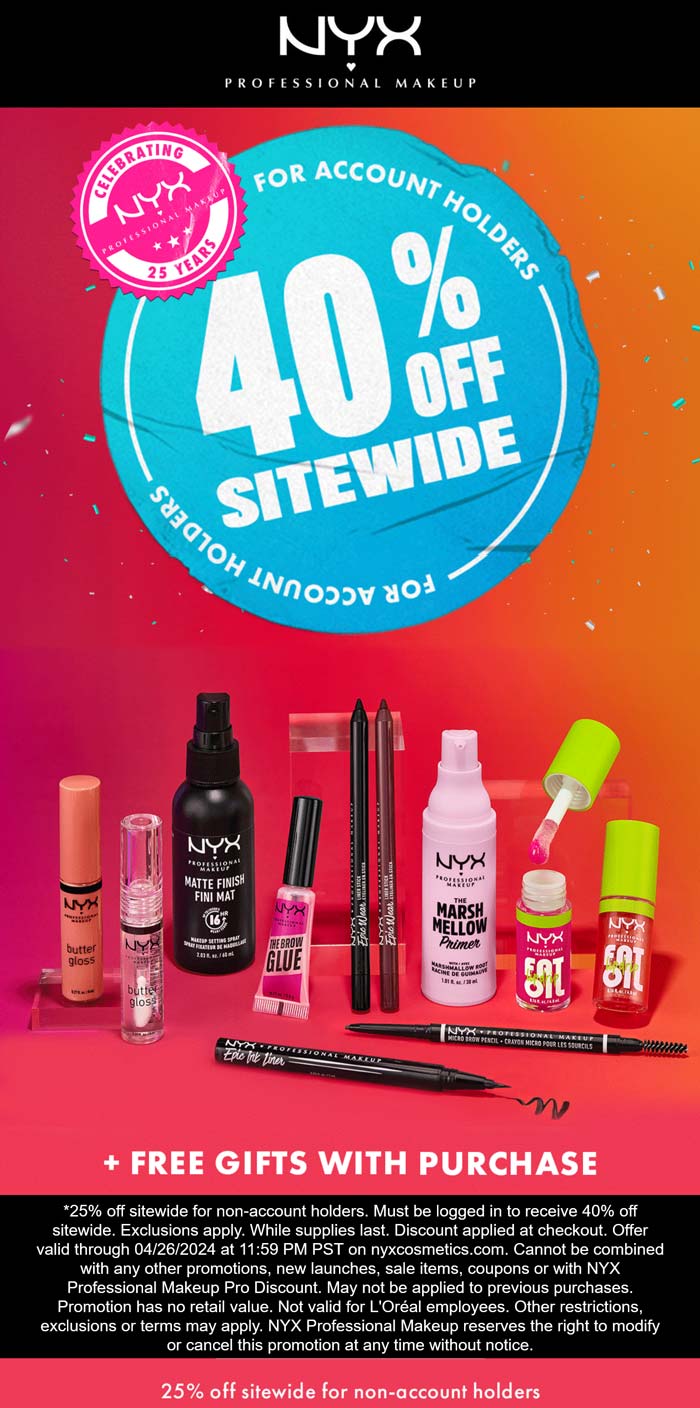 NYX Cosmetics stores Coupon  25-40% off everything online at NYX Cosmetics #nyxcosmetics 