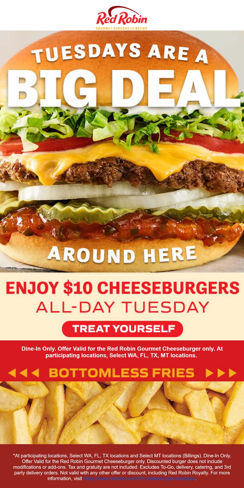 Red Robin restaurants Coupon  Cheeseburger + bottomless fries = $10 today at Red Robin #redrobin 