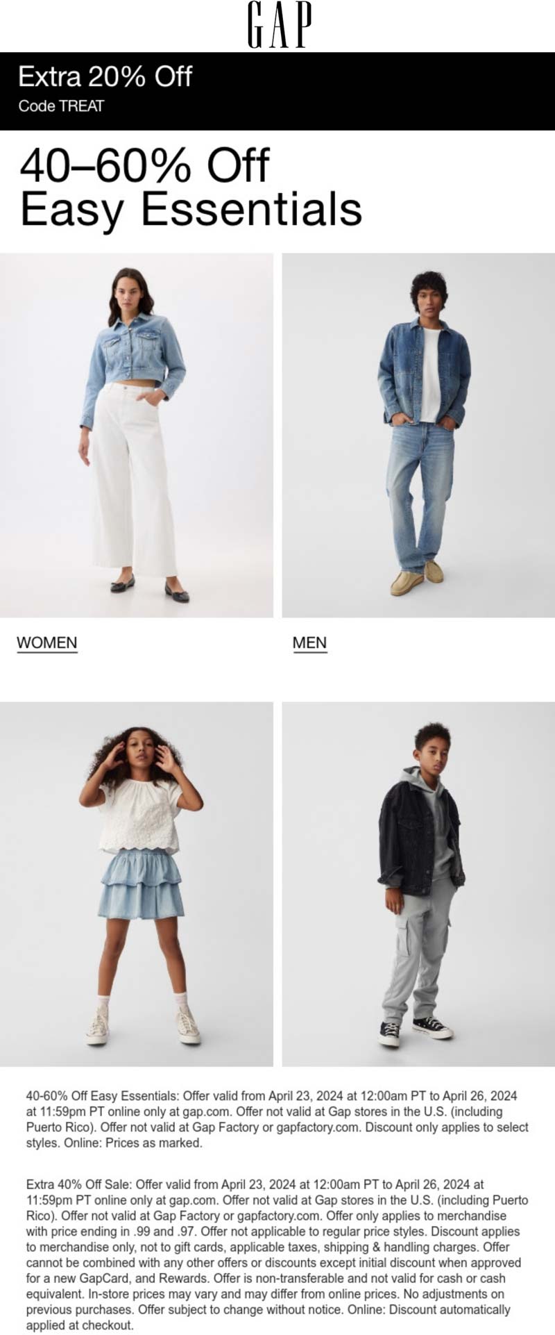 Gap stores Coupon  Extra 40% off sale items + another 20% off at Gap via promo code TREAT #gap 
