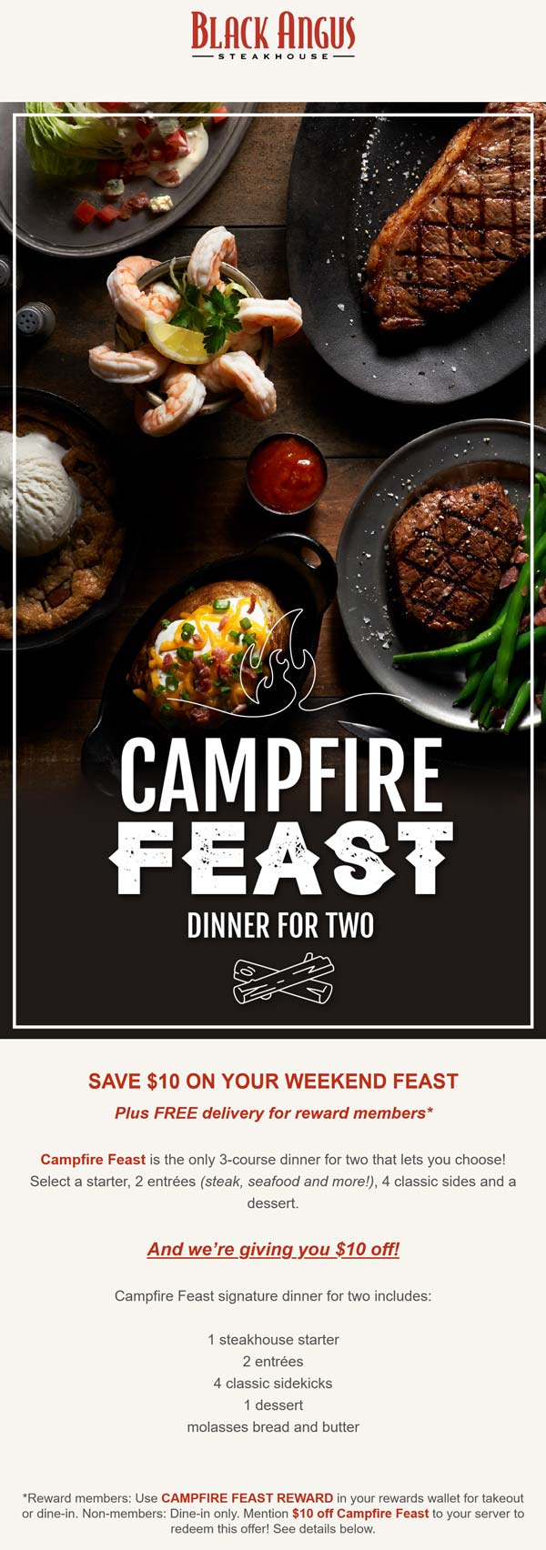 Black Angus restaurants Coupon  $10 off a campfire feast dinner for 2 at Black Angus #blackangus 