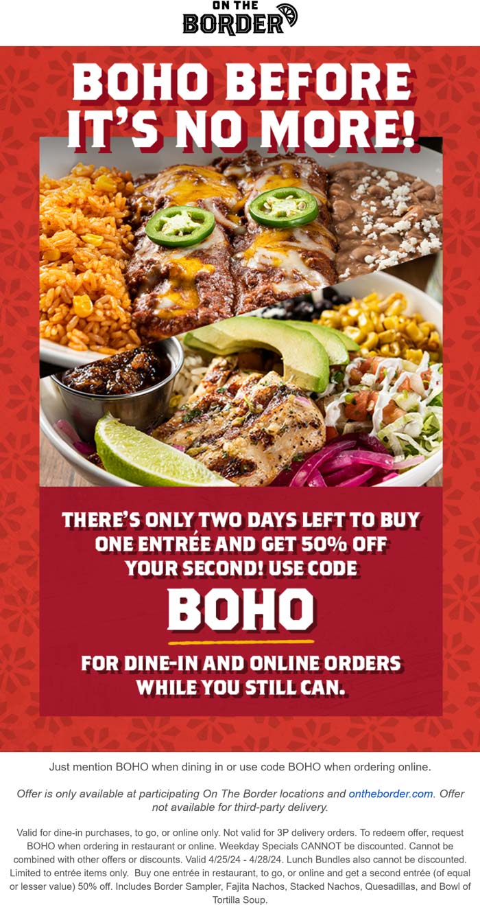 On The Border restaurants Coupon  Second meal 50% off at On The Border restaurants #ontheborder 