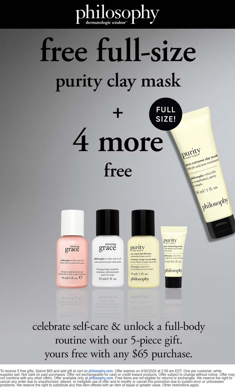 Philosophy stores Coupon  Free 5pc including full size on $65+ online at Philosophy #philosophy 