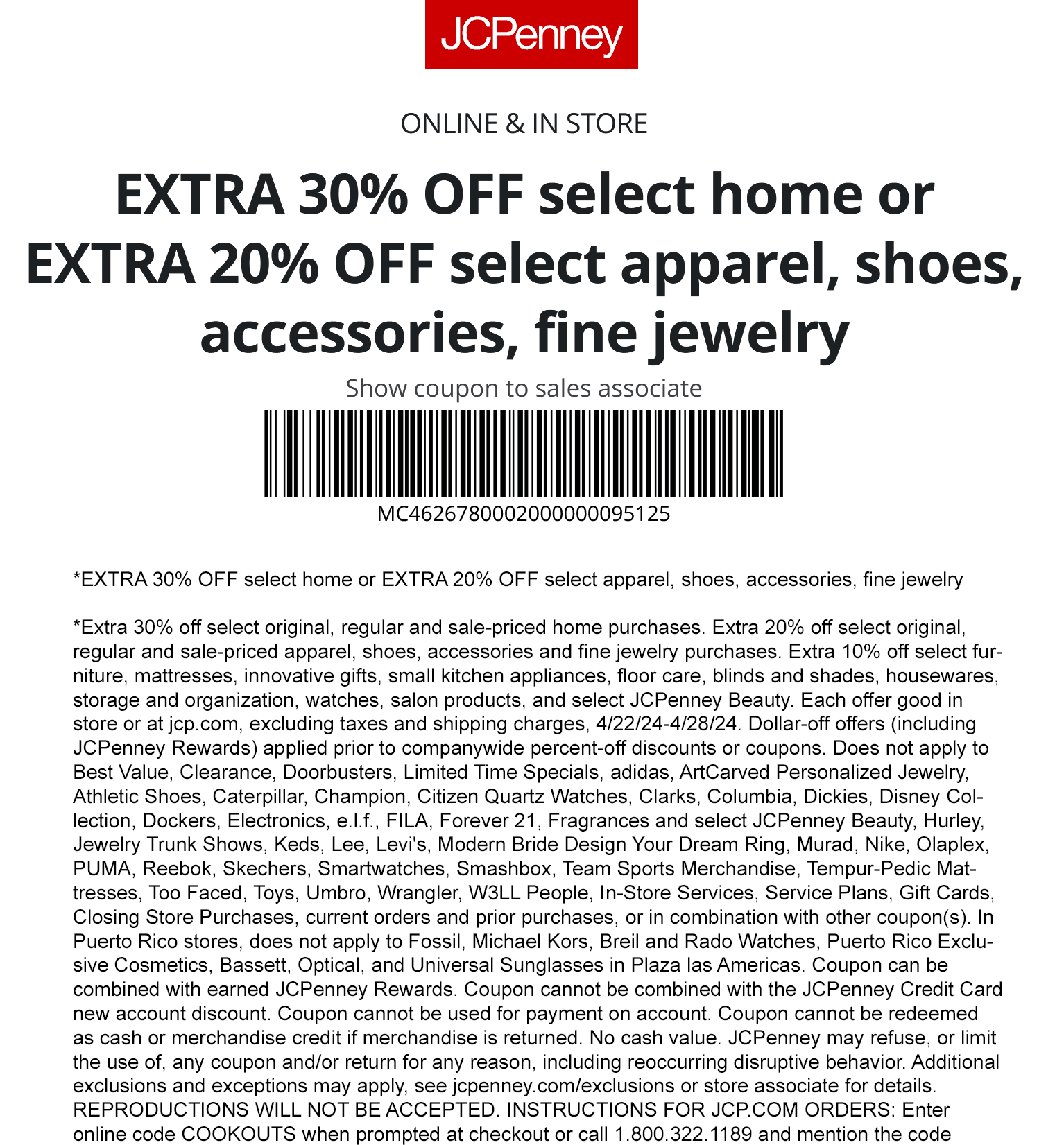 JCPenney stores Coupon  20-30% off today at JCPenney, or online via promo code COOKOUTS #jcpenney 