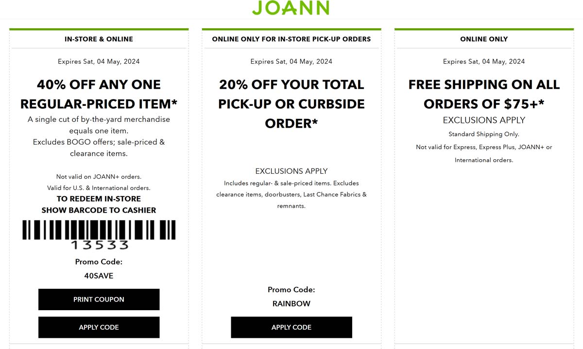 Joann stores Coupon  40% off a single item at Joann, or online via promo code 40SAVE #joann 