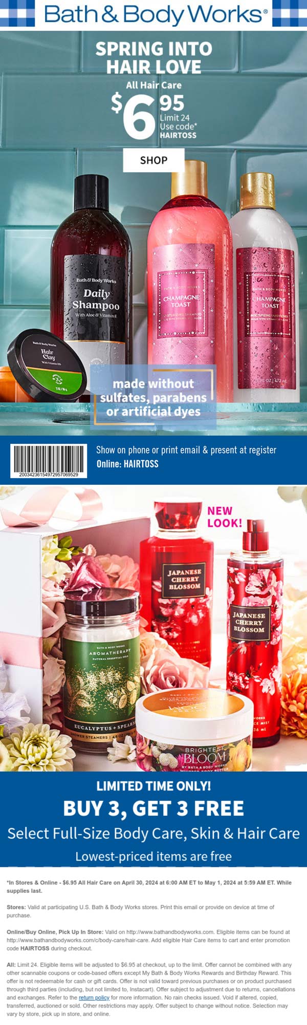 Bath & Body Works stores Coupon  $7 hair care & 6-for-3 body care today at Bath & Body Works, or online via promo code HAIRTOSS #bathbodyworks 