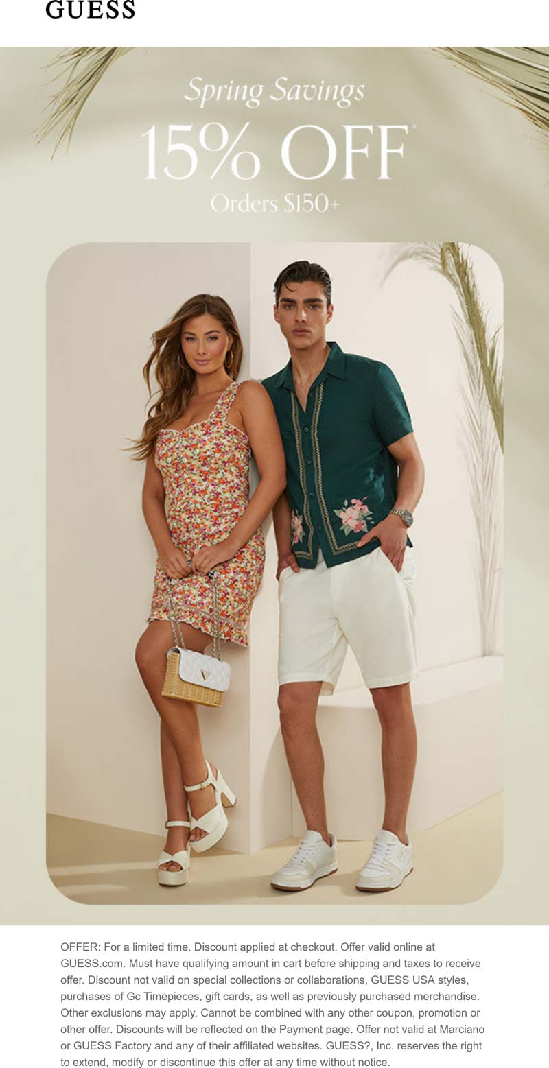 GUESS stores Coupon  15% off $150 online at GUESS #guess 