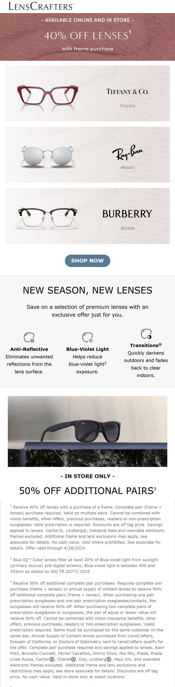 Lenscrafters stores Coupon  40-50% off lenses with your frame at Lenscrafters, ditto online #lenscrafters 