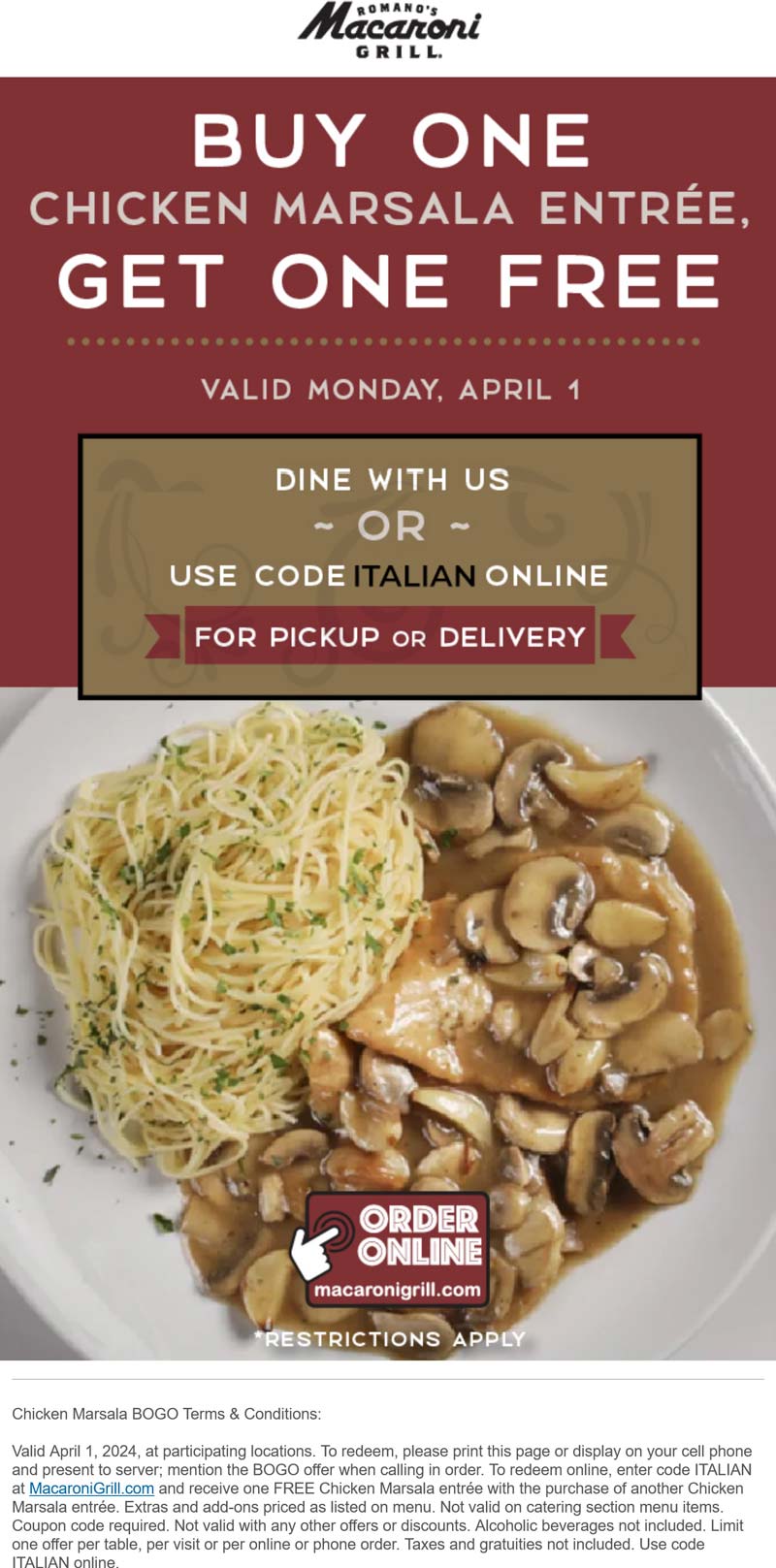 Macaroni Grill restaurants Coupon  Second chicken marsala entree free today at Macaroni Grill #macaronigrill 