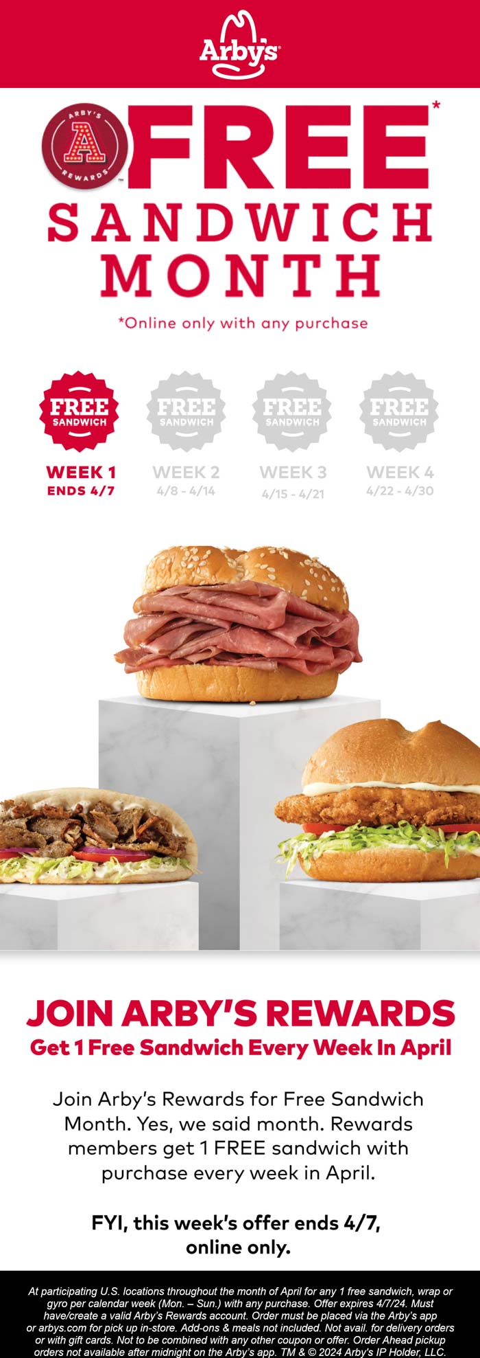 Arbys restaurants Coupon  Free sandwich weekly via login at Arbys restaurants #arbys 