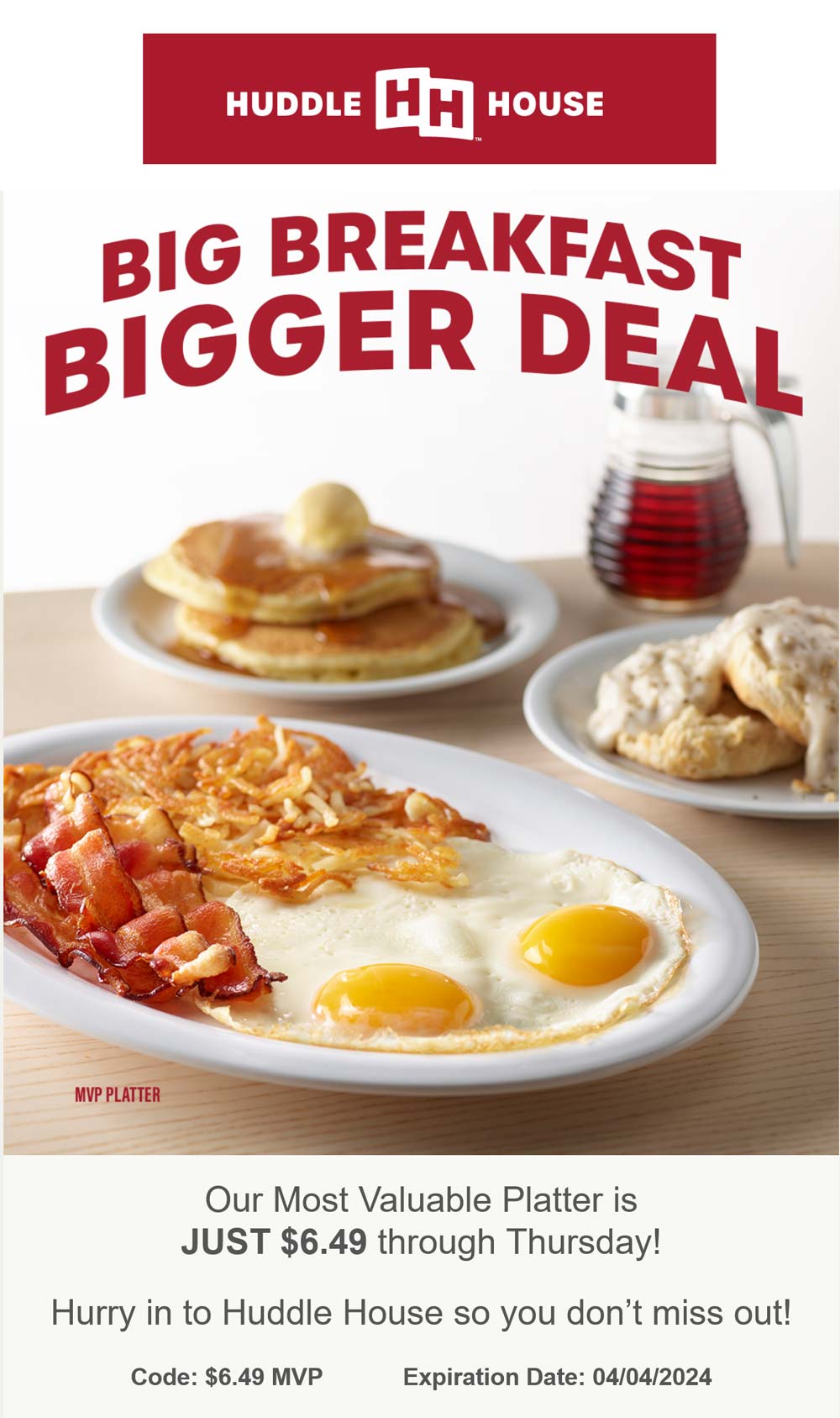 Huddle House restaurants Coupon  MVP breakfast platter for $6.49 at Huddle House #huddlehouse 