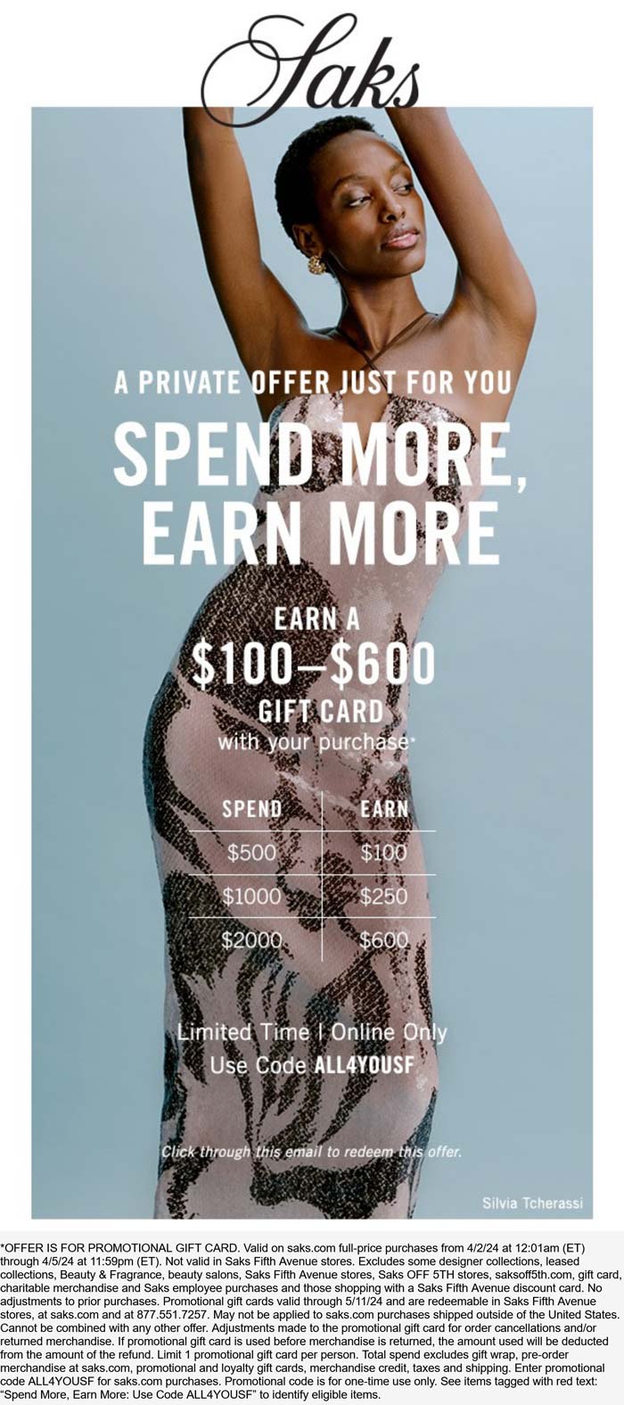Saks Fifth Avenue stores Coupon  $100-$600 card on $500+ online at Saks Fifth Avenue via promo code ALL4YOUSF #saksfifthavenue 