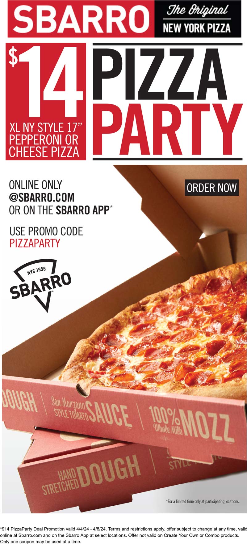 Sbarro restaurants Coupon  XL pepperoni pizza for $14 at Sbarro via promo code PIZZAPARTY #sbarro 