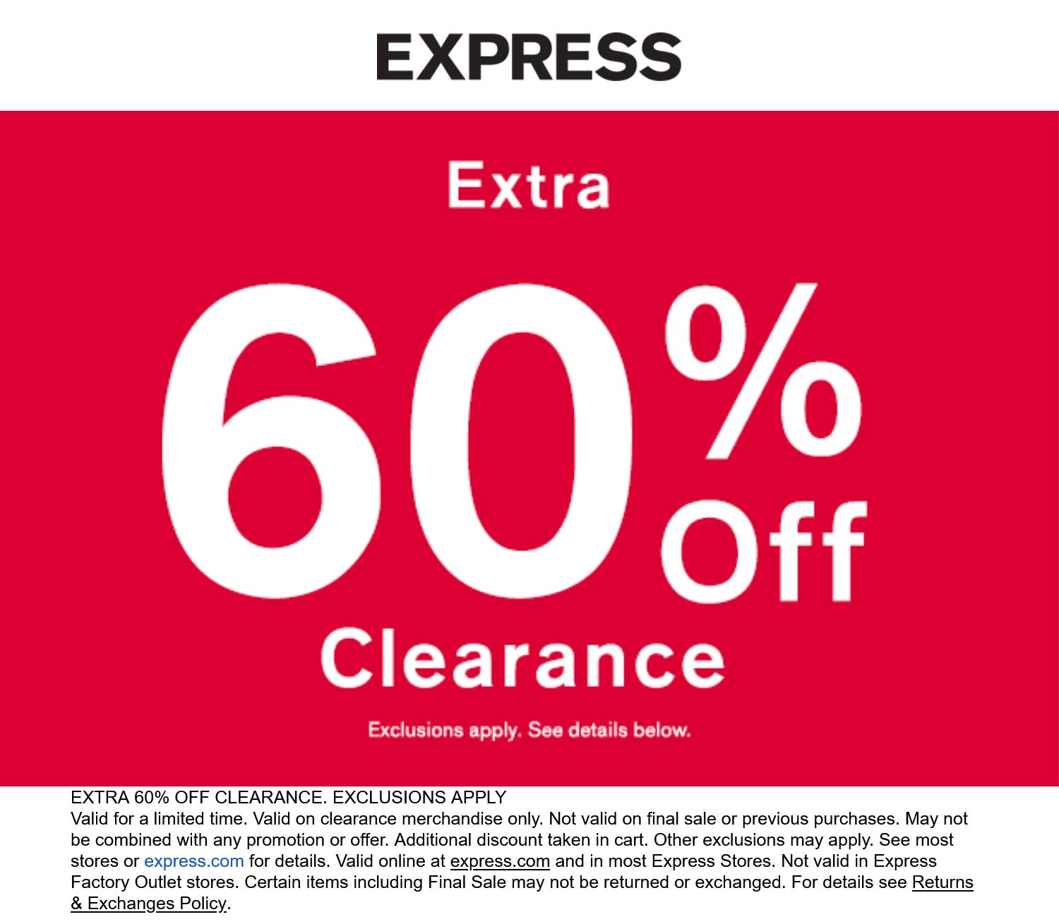 Express stores Coupon  Extra 60% off clearance at Express #express 