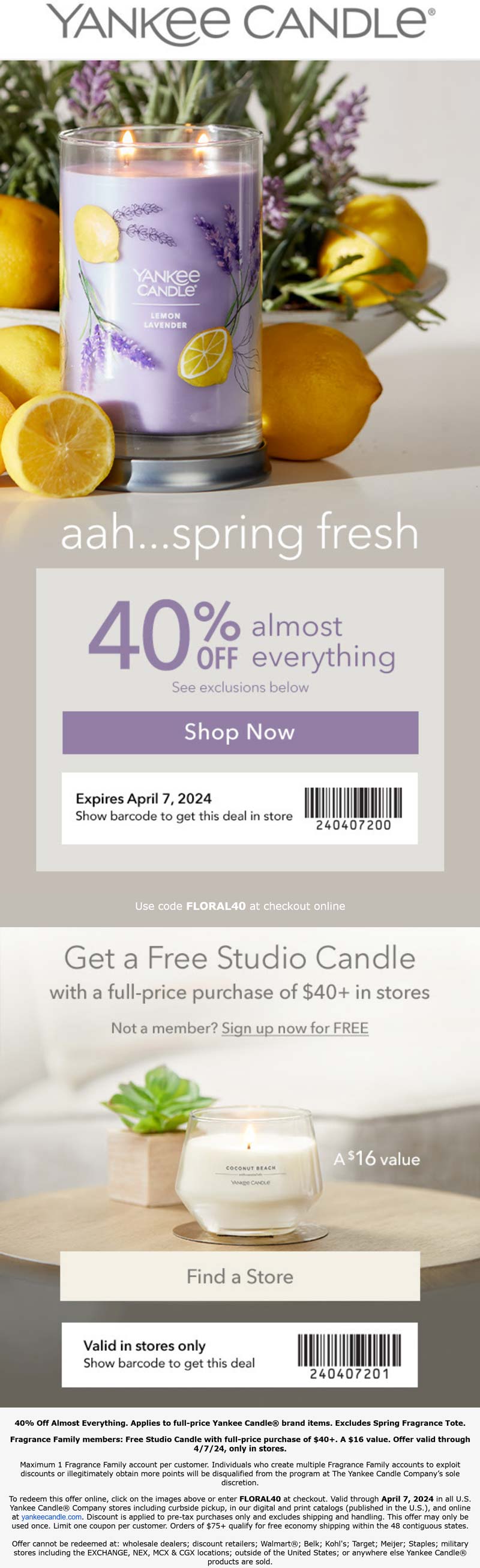 Yankee Candle stores Coupon  40% off + free studio candle on $40 at Yankee Candle #yankeecandle 