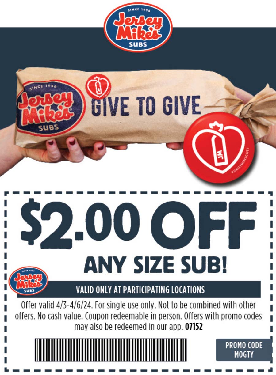 Jersey Mikes restaurants Coupon  $2 off any sub sandwich today at Jersey Mikes #jerseymikes 