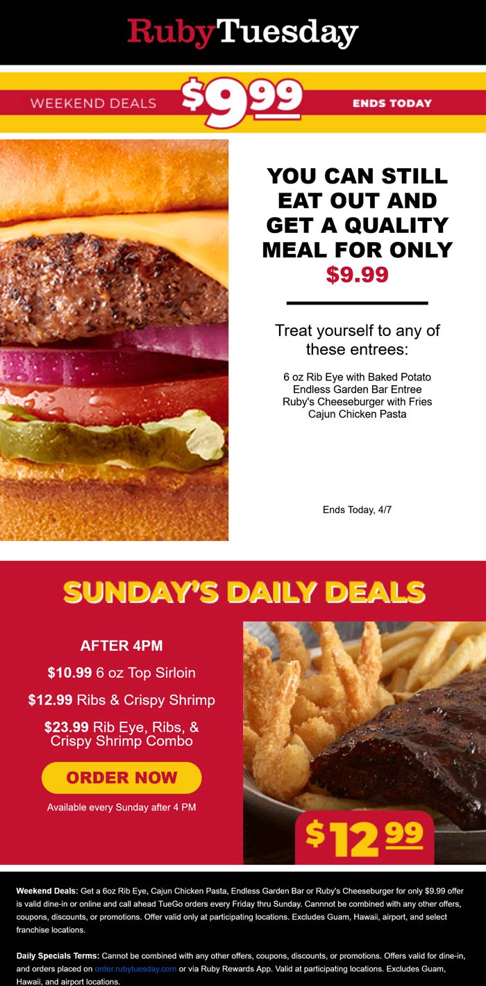 Ruby Tuesday restaurants Coupon  $10 steak, garden bar, cheeseburger or chicken pasta & more today at Ruby Tuesday #rubytuesday 