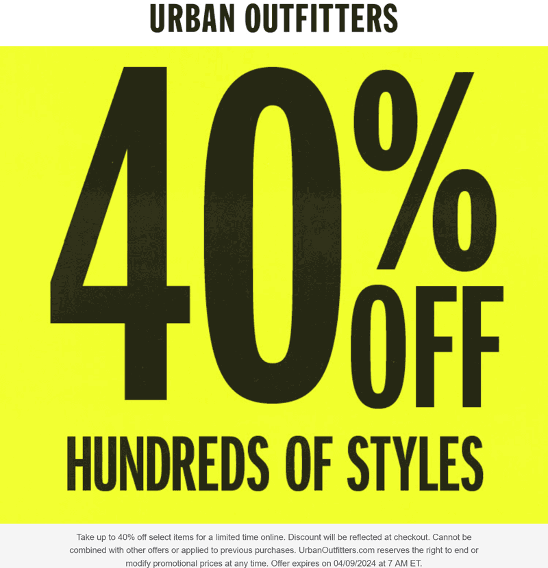 Urban Outfitters stores Coupon  40% off online at Urban Outfitters #urbanoutfitters 