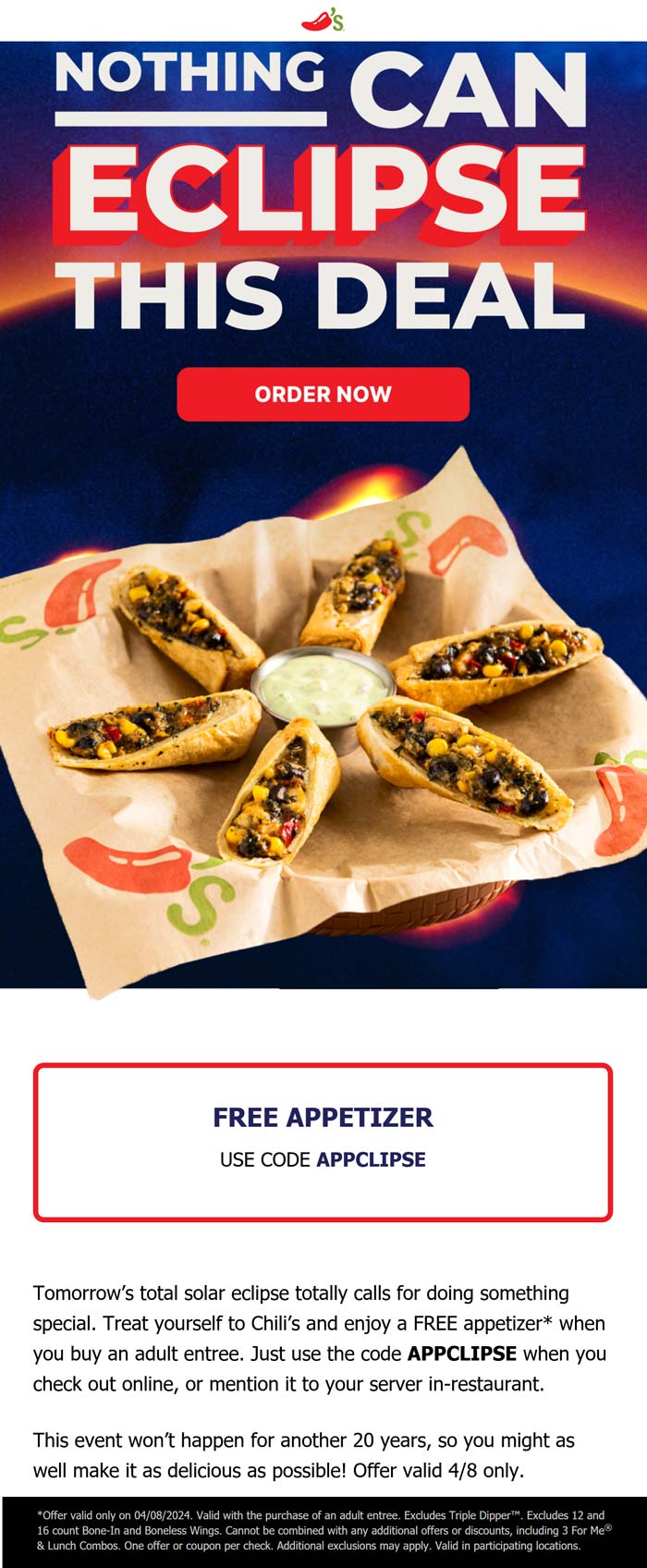 Chilis restaurants Coupon  Free appetizer with your entree today at Chilis #chilis 