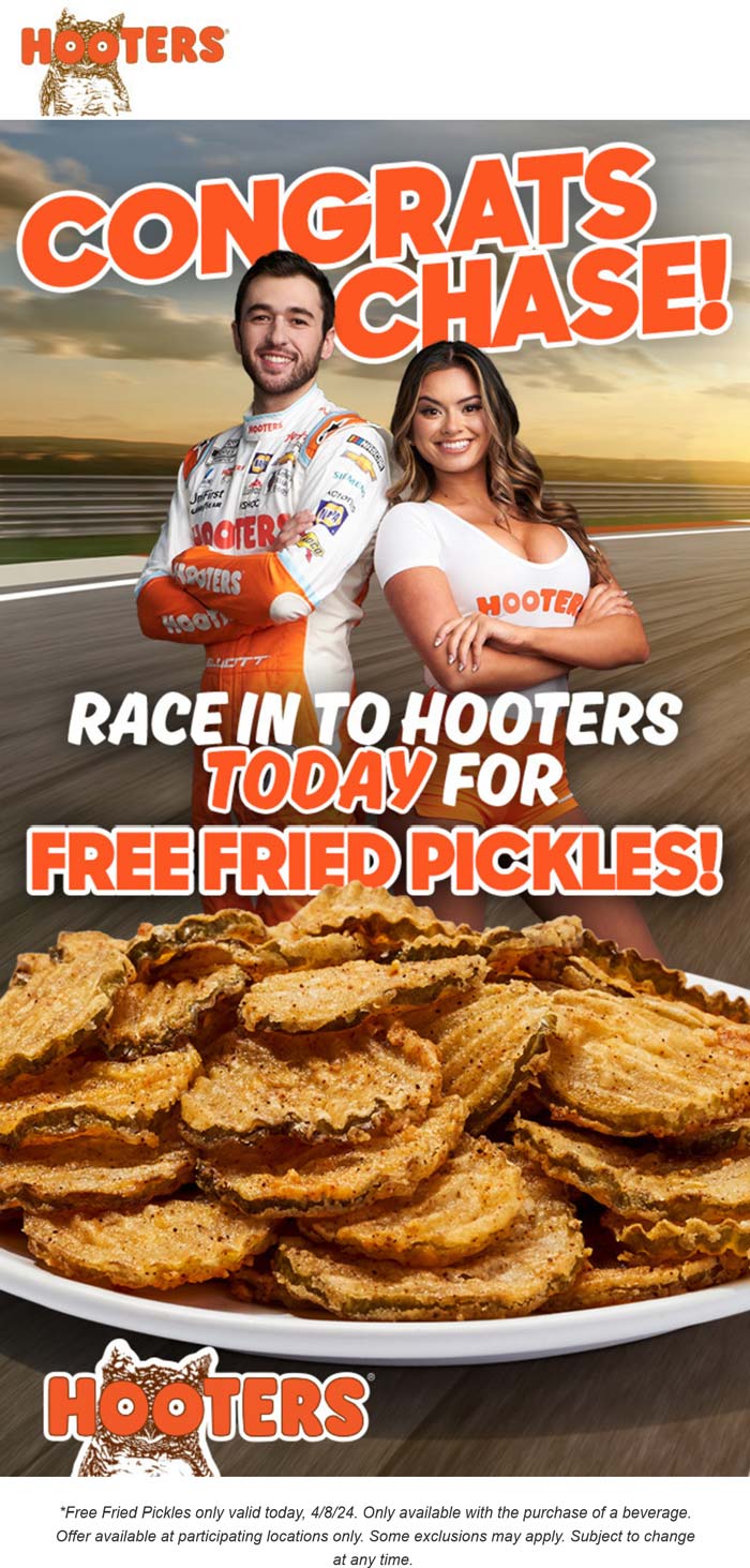 Hooters restaurants Coupon  Free fried pickles today at Hooters restaurants #hooters 