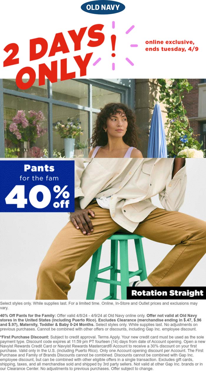 Old Navy stores Coupon  40% off pants online at Old Navy #oldnavy 