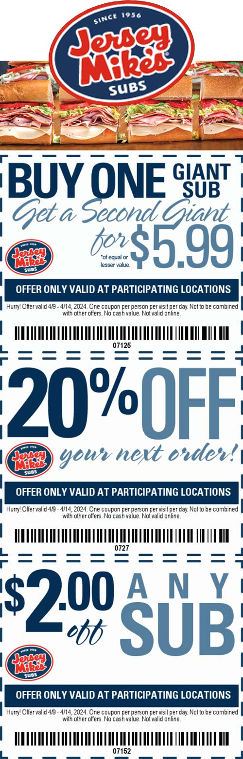 Jersey Mikes restaurants Coupon  20% off & more at Jersey Mikes sandwich shops #jerseymikes 