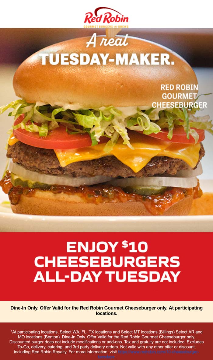 Red Robin restaurants Coupon  Gourmet cheeseburgers = $10 today at Red Robin restaurants #redrobin 