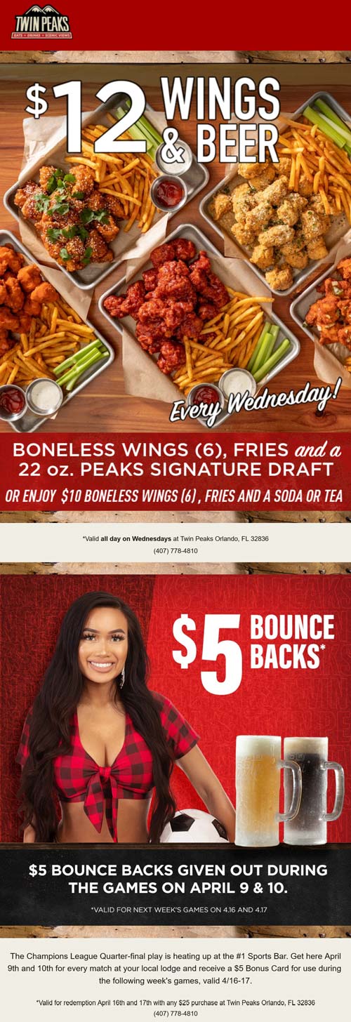 Twin Peaks restaurants Coupon  Wings + fries + 22oz draft = $12 today at Twin Peaks restaurants #twinpeaks 