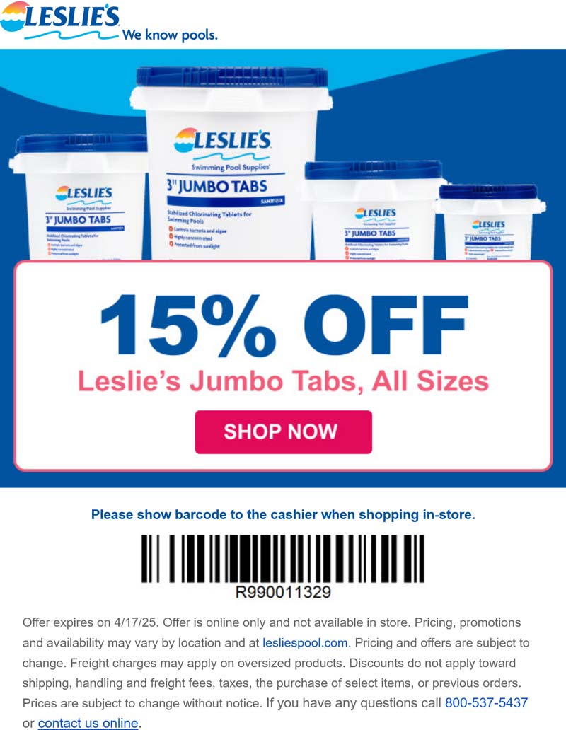 Leslies stores Coupon  15% off chlorine tabs at Leslies pool supplies #leslies 