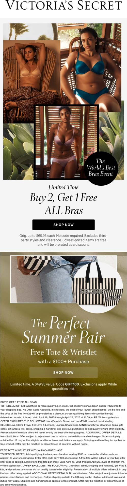 Victorias Secret stores Coupon  3rd bra free + tote & wristlet free on $100+ at Victorias Secret via promo code GIFT100 #victoriassecret 